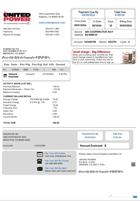 USA Colorado United Power business utility bill template in Word and PDF formats